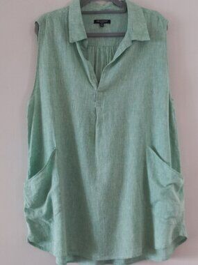 FOR CYNTHIA linen and cotton mint green sleeveless tunic with shirt collar with